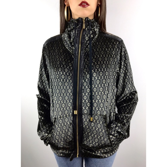 Vintage Sweaters - 90s black and gold velour zip up with faux leather